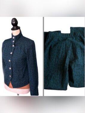 Lemon Way stretch green cheetah print VTG tall neck button front blazer pant set